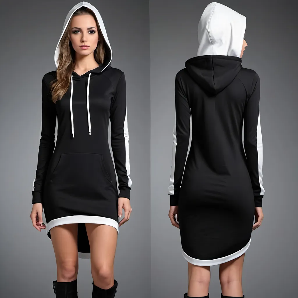 Prompt: Create a  Black and Black design Imagine a stunning hoodie shirt dress where the colors Black and white take center stage. This design is all about simplicity with a touch of elegance. Picture the dress primarily in a rich shade of black with two sleek streaks of white running down the front and back. These streaks could start from the shoulder and taper down to the hem, adding a dynamic element to the design. The clean lines and bold contrast between the two colors create a striking visual impact, making this dress a statement piece for any occasion and adding match shoes and a hat or bag.