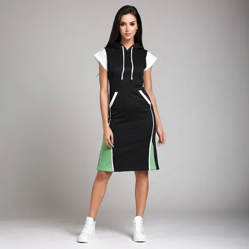 Prompt: Certainly! Here's a unique design for a knee-high bodycon dress in green and white with a hoodie, sleeveless arms made of cotton, and matching green and white shoes.

Dress:
- The dress is knee-length, with a fitted bodice and a fitted skirt for a flattering finish.
- The bodice features a sleek, black fabric with white piping along the seams to create a bold contrast.
- The skirt is made of flowing white fabric, adding movement and elegance to the dress.
- A hoodie attached to the dress adds a modern and sporty touch. It's made of black fabric with white drawstrings for adjustability.
- The hoodie features a unique twist with a black and white geometric pattern lining the inside, visible when the hood is worn down.

Sleeveless Arms:
- The sleeveless arms are made of soft, breathable cotton in solid black, providing comfort and versatility.
- The absence of sleeves adds a contemporary flair to the dress, perfect for warmer weather or layering with a jacket.

Matching Shoes:
- Complementing the dress, the shoes are sleek ankle boots with a chunky heel for stability and style.
- The boots feature a black exterior with white stitching details, echoing the color scheme of the dress.
- A zipper closure on the side ensures ease of wear, while a cushioned insole provides comfort throughout the day.

Overall, this dress ensemble offers a modern and chic look with its black and white color palette, unique hoodie design, and versatile sleeveless arms, making it a standout choice for any occasion.