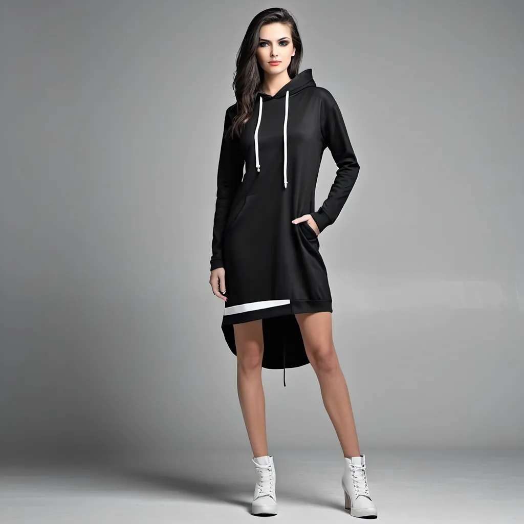 Prompt: Create a  Black and Black design Imagine a stunning hoodie shirt dress where the colors Black and white take center stage. This design is all about simplicity with a touch of elegance. Picture the dress primarily in a rich shade of black with two sleek streaks of white running down the front and back. These streaks could start from the shoulder and taper down to the hem, adding a dynamic element to the design. The clean lines and bold contrast between the two colors create a striking visual impact, making this dress a statement piece for any occasion and adding match shoes and a hat or bag.