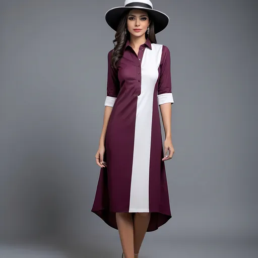 Prompt: Create a  maroon and white design Imagine a stunning shirt dress where the colors purple and white take center stage. This design is all about simplicity with a touch of elegance. Picture the dress primarily in a rich shade of maroon with two sleek streaks of white running down the front and back. These streaks could start from the shoulder and taper down to the hem, adding a dynamic element to the design. The clean lines and bold contrast between the two colors create a striking visual impact, making this dress a statement piece for any occasion and adding match shoes and a hat or bag.