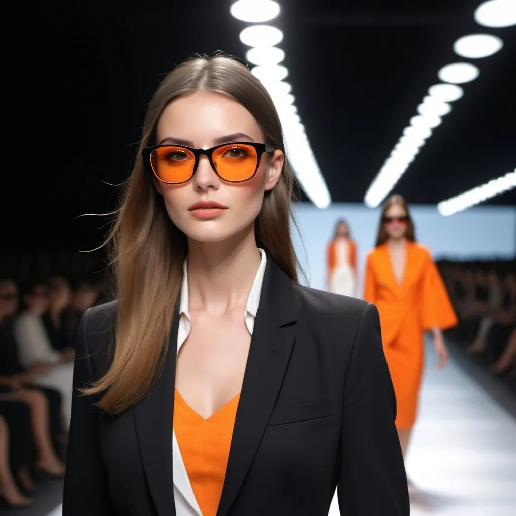 Prompt: Images de lunettes qui defilent sur un podium et des gens qui regardent imprssionne avec des touche de couleurs orange et noir et blan