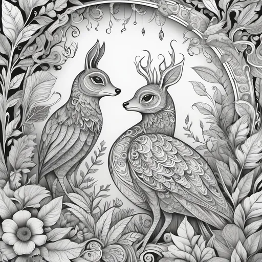 Prompt: black and white, detailed coloring book page design, whimsical patterns and illustrations, nature-themed elements, intricate designs inviting creativity, suitable for coloring with pencils or markers, engaging and fun ambiance, enchanting imagery, playful styles, inviting artistic expression, captivating artistry, settling in a relaxing environment, emphasizing creativity and imagination.