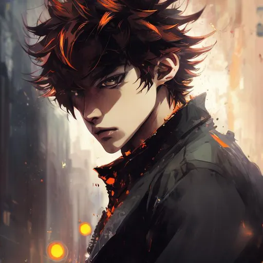 Prompt: (masterpiece), (anime style), award winning, close up, centered, Instagram able, looking toward camera, dynamic pose, messy black hair, young man, orange fiery eyes, modern intricate background, dynamic lighting, depth of field, ultra detailed, (epic composition, epic proportion), 2D illustration, professional work, black clothes