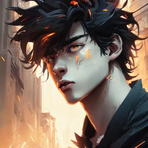 Prompt: (masterpiece), (anime style), majestic, close up, centered, Instagram model, looking toward camera, dynamic pose, messy black hair, young man, orange fiery eyes, serious, modern intricate background, dynamic lighting, (magic-looking color bloom), depth of field, highly detailed, (epic composition, epic proportion), 2D illustration, professional work, black clothes