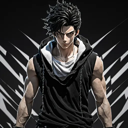 Prompt: (masterpiece), (anime style), majestic, imposing, looking toward camera, dynamic pose, messy black hair, young, serious, dynamic lighting, highly detailed, (epic proportion, epic composition), modern intricate background, depth of field, professional, black sleeveless hoodie, black pants, chains around him, only white background