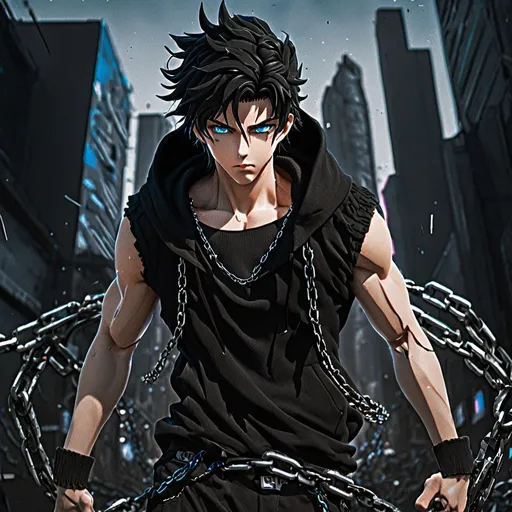 Prompt: (masterpiece), (anime style), majestic, imposing, looking toward camera, dynamic pose, messy black hair, young, blue eyes, dynamic lighting, highly detailed, (epic proportion, epic composition), modern intricate background, depth of field, professional, black sleeveless hoodie, black pants with chains on it