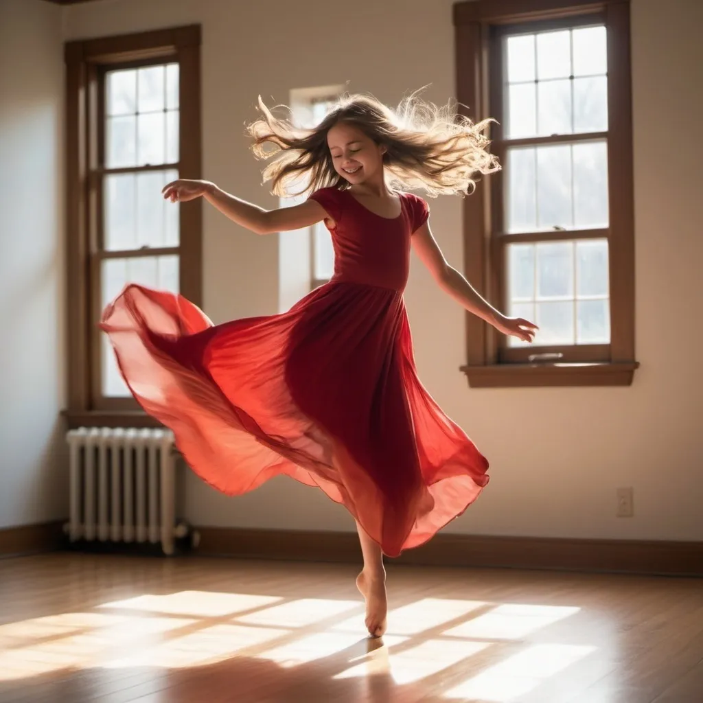 Prompt: A young girl in a flowing red dress is dancing gracefully in the middle of a sunlit room. Her long hair moves with every twirl and leap, creating a beautiful cascade of motion. The sunlight streaming through the windows highlights her movements, casting soft shadows on the floor. Her expression is one of pure joy and freedom as she loses herself in the rhythm of the music, spinning and leaping with effortless grace.