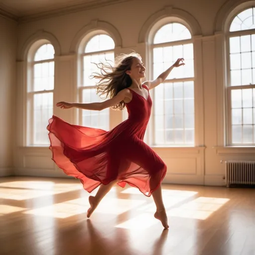 Prompt: A young girl in a flowing red dress is dancing gracefully in the middle of a sunlit room. Her long hair moves with every twirl and leap, creating a beautiful cascade of motion. The sunlight streaming through the windows highlights her movements, casting soft shadows on the floor. Her expression is one of pure joy and freedom as she loses herself in the rhythm of the music, spinning and leaping with effortless grace.