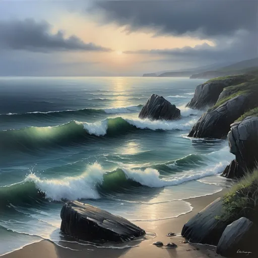 Prompt: (serene oil painting of the ocean), deep blues and tranquil greens, (evocative solitude), a vast horizon stretching endlessly, gentle waves lapping at weathered rocks, soft light of a fading sunset illuminating the scene, mist rising in the distance, (peaceful atmosphere), ultra-detailed artistic rendering, capturing the essence of loneliness in nature, masterful brushstrokes showcasing texture and form.