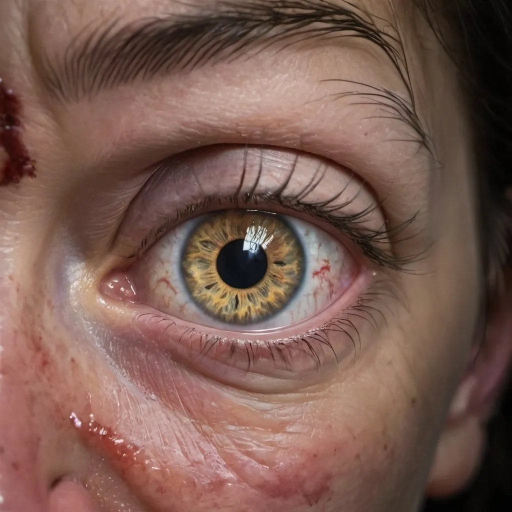 Prompt: Eye of suffering and terror but not too scary 