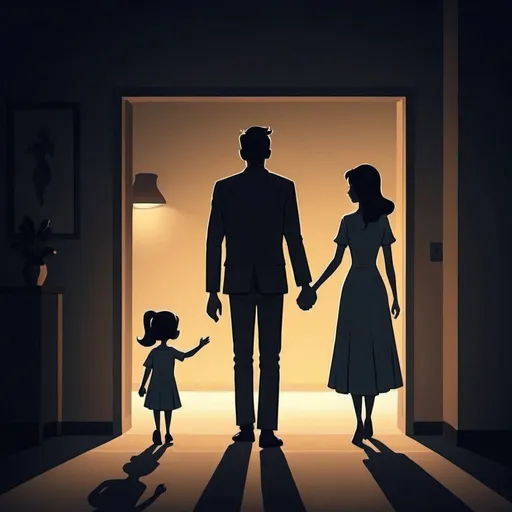 Prompt: Man with women holding her hand and she was leaving , dim light is flashing from far away , cartoon style