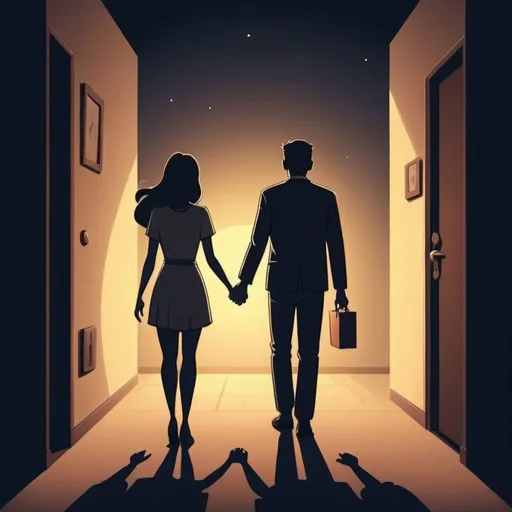 Prompt: Man with women holding her hand and she was leaving , dim light is flashing from far away , cartoon style