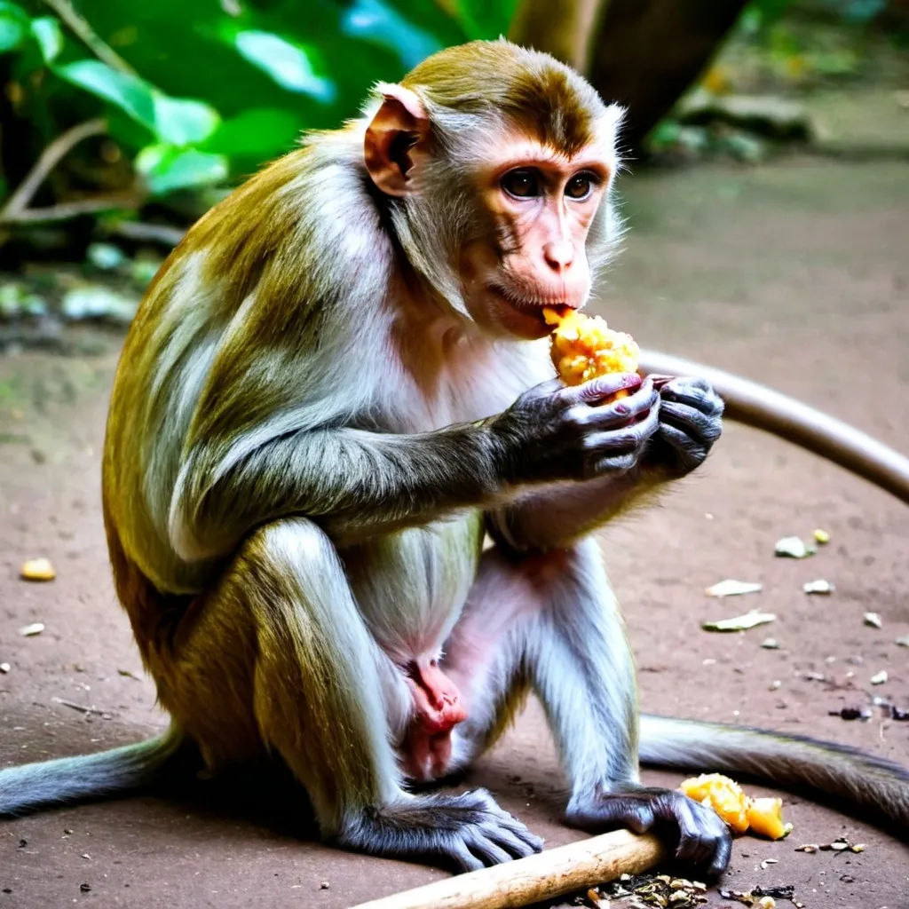 Prompt: a monkey eatinbg food

