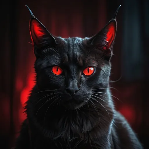 Prompt: Black cat with devil horns, red-eyed, dark setting, detailed fur, intense gaze, eerie atmosphere, high quality, dark and moody, devilish, glowing eyes, professional, atmospheric lighting