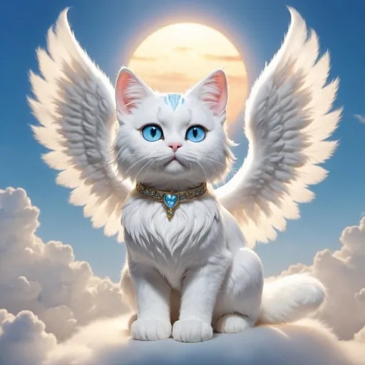 Prompt: make a heaven cat with dazzling white fur, light blue eyes, medium-sized wings, and a cloudy sky setting