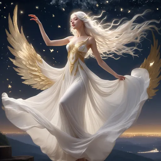 Prompt: (tall young goddess with large gold wings), flying and dancing gracefully, ethereal white dress flowing elegantly, long white hair cascading, intricate detailed clothing design, realistic art style, (natural lighting by moonlight), sparkling stars enhancing the ambiance, serene atmosphere, captivating night sky background, (ultra-detailed), (high quality), mystical energy illuminating the scene.