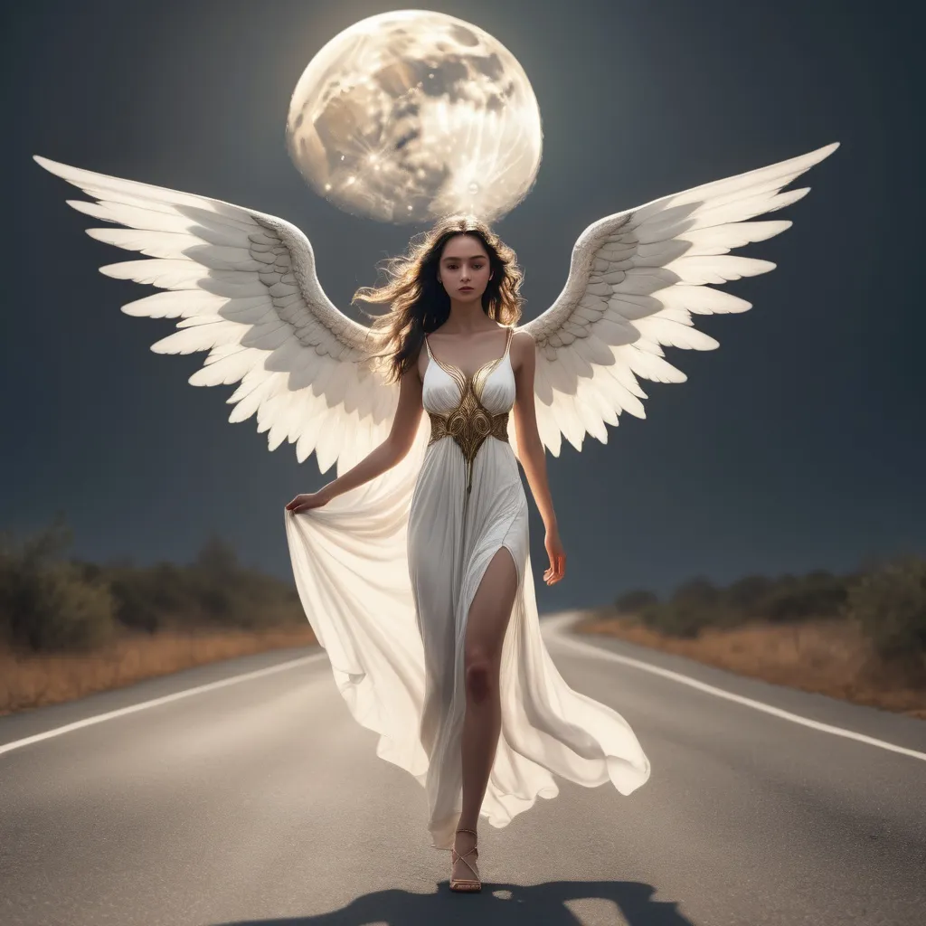 Prompt: Tall young godess with wings
walking down a road, white dress, detailed clothing, realistic, natural lighting of a moon