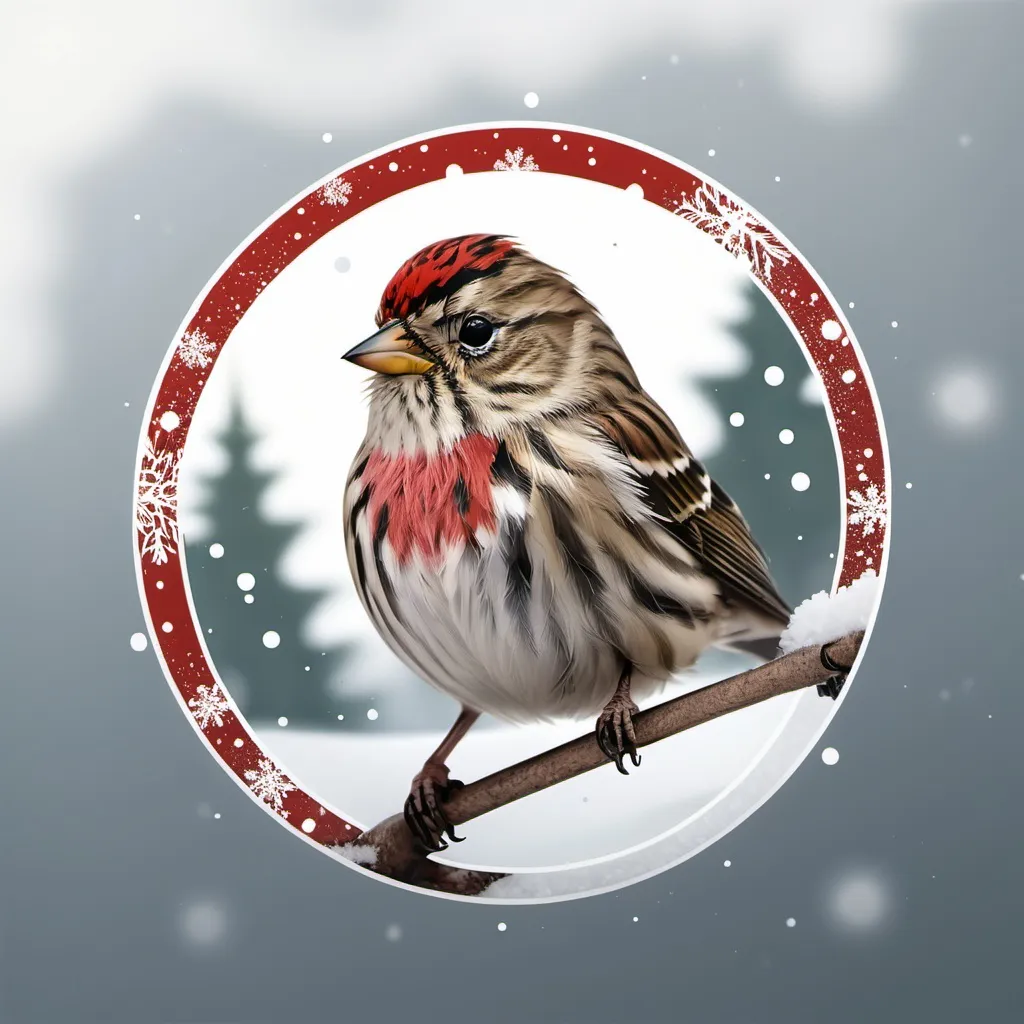 Prompt: make a circular logo with a common redpoll in the center and snow falling 
