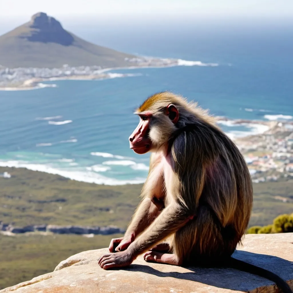 Prompt: Draw a baboon watching on the cape of good hope from a mountain
