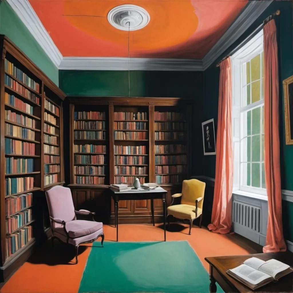 Prompt: A pintura de uma casa e biblioteca  enorme em dimensão por Francis Bacon .  utiliza as  cores e tipo de desenho de matisse. Mistura o estilo de vieira da silva. Cobre o corpo de vaselina