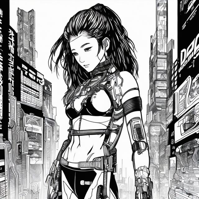 Prompt: coloring book page, cyberpunk girl, thick lines, no shading, black and white