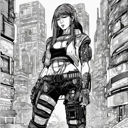 Prompt: coloring book page, cyberpunk city, tough-looking girl, thick lines, no shading.