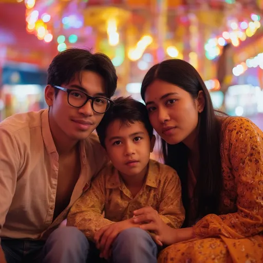 Prompt: In a vibrant and colorful setting illuminated by soft neon lights, a group of three closely huddles together for a selfie, capturing a moment of joy and connection. A young man with stylish glasses sports a relaxed expression, leaning slightly towards the camera, while a woman beside him, dressed in a traditional ensemble with intricate designs, gazes thoughtfully at the lens. A young boy, his hair neatly styled, sits in front of them, appearing curious yet slightly unsure, with his mouth slightly open, showcasing a playful innocence. The backdrop is lively, hinting at a festive atmosphere, perhaps at a fair or amusement park, enhancing the overall cheerful mood of the image, which reflects a close-knit familial bond and a shared experience in a fun location.