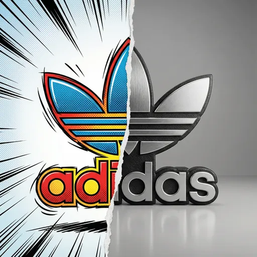 Prompt: A split composition featuring the Adidas logo as the central subject, divided vertically into two perfectly aligned halves. The left side is illustrated as a Marvel comic panel, with exaggerated outlines, halftone textures, bold colors, and dynamic ink strokes, making the Adidas logo feel like part of a superhero comic universe. The right side presents the same Adidas logo as a photorealistic object, rendered with realistic materials, subtle reflections, studio-grade lighting, and precise texture detail. The two styles meet at the center through a torn comic-paper edge, emphasizing the contrast between comic art and real-world realism, set against a minimal neutral background.