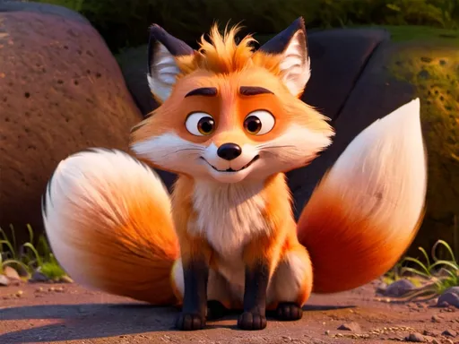 Prompt: a brave Fox with big brown eyes, a fluffy tail, and soft brown fur. he look bad, suspicious, and  full of energy. . cartoon style, bright color, with a villain and Bad expresion.