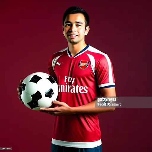 Prompt: 4D character of an Indonesian man, 25 years old, wearing an Arsenal football jersey, standing upright, holding a ball in his hand, dark red background, full HD