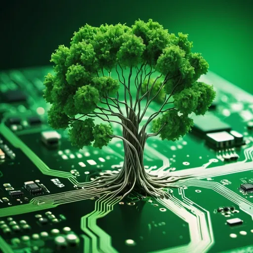 Prompt: Green tree on computer chip, technology meets nature, circuit board, roots resembling wires, blending, environmental tech