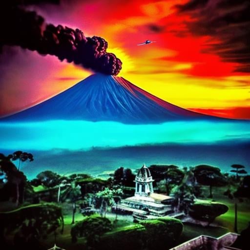 Prompt:  an ancient aircraft is flying on the sunset in Guatemala, the volcano is behind, the lake is blue and green with brights on top, all it's like a wonderful dream looking at the future