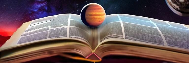 Prompt: A bot is reading books floating in the universe and there is a panorama with planets and stars