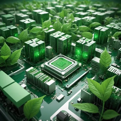 Prompt: Green computing green technology green and ethics concept. Buildings covered on the surfaces with the motherboard design and leaves 