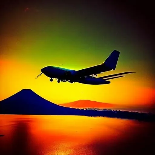 Prompt:  an old aircraft is flying on the sunset in Guatemala, the volcano is behind, the lake is blue and green with brights on top, all it's like a wonderful dream looked from the aircraft