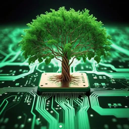 Prompt: Green tree on computer chip, technology meets nature, circuit board, roots resembling wires, blending, environmental tech