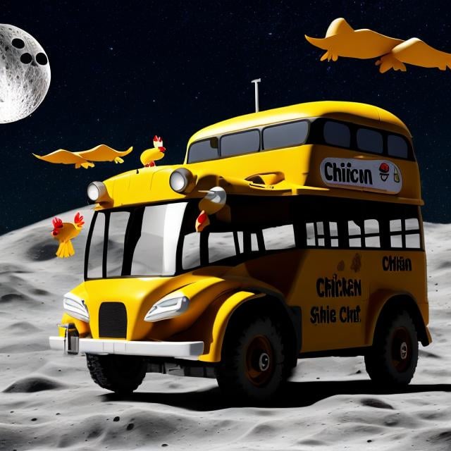 Prompt: chicken bus flying on the moon
