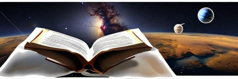 Prompt: A bot is reading books floating in the universe and there is a panorama with planets and stars