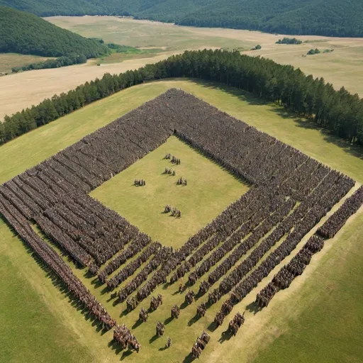 Prompt: an ancient army in a perfect square on a hill