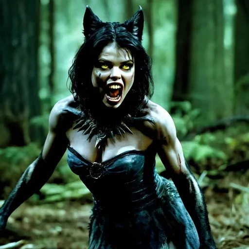 Prompt: Miranda Cosgrove in a dark forest, werewolf transformation, yellow eyes, fangs, wolf-like features.