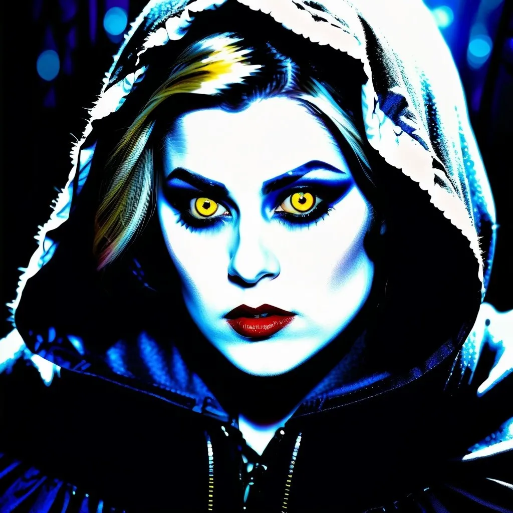 Prompt: Kelly Osbourne as a werewolf in red riding hood attire, yellow eyes, sharp claws, intense gaze, realistic digital painting, dark and eerie atmosphere, gothic, high definition, detailed fur, spooky, menacing, intense lighting, professional, horror, dark tones