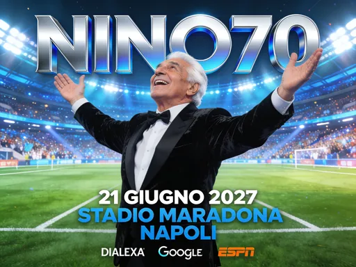 Prompt: This image is a digitally created promotional poster for a sports event. The central figure is an elderly man with white hair, wearing a black velvet tuxedo with a white shirt and black bow tie. He is standing with his arms raised in excitement, looking upwards with a joyful expression. The background is a vibrant, digitally rendered stadium filled with a large crowd of spectators, all illuminated by bright blue and white lights that create a dynamic, energetic atmosphere. Above the man's head, the text "NINO70" is prominently displayed in large, bold, silver letters with a subtle blue gradient, and it is positioned at the top center of the image. Below the man, in white and blue text, the event details are written: "21 GIUGNO 2027 STADIO MARADONA NAPOLI." The stadium's field is visible at the bottom, with green grass and white boundary lines. Various logos, including "DIALEXA," "GOOGLE," and "ESPN," are positioned at the bottom of the image. The overall style of the poster is modern and vibrant, using bright colors and dynamic lighting to convey excitement and energy, typical of promotional sports event posters.