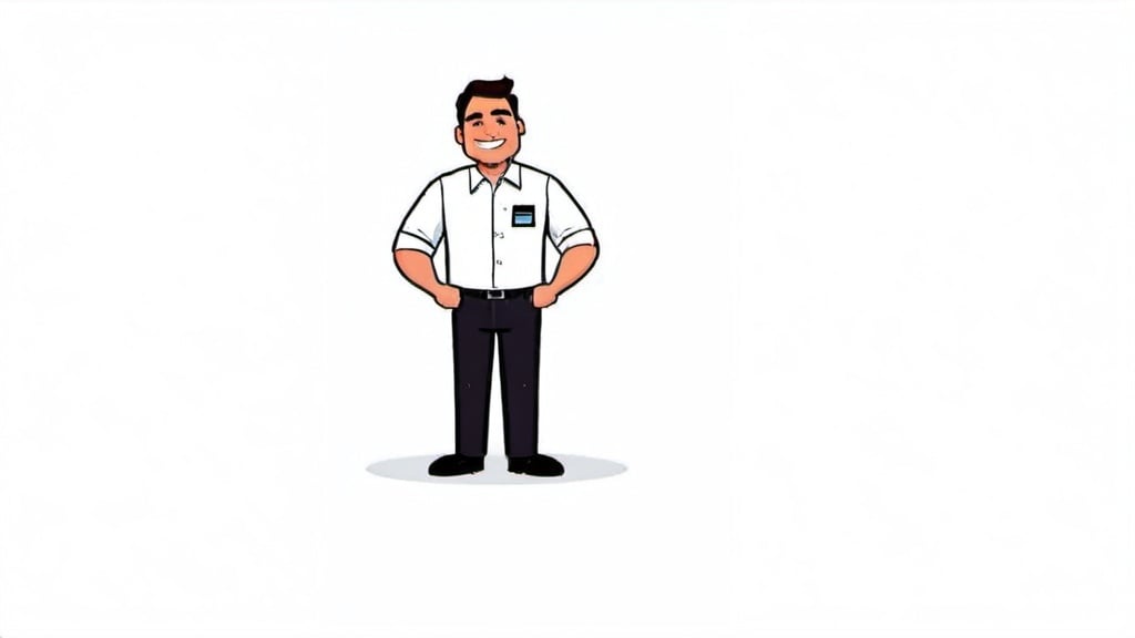 Prompt: Image of a truck operator dressed only in black pants and a white shirt, should have a friendly appearance with a touch of humor in their expression, while maintaining professionalism. Their features should be distinctly Mexican, with a light brown complexion. The character's pose should suggest confidence yet approachability, ideal for welcoming new employees during the onboarding process."