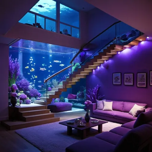Prompt: living room, under water, fish, staircase, lights, night, purple vase, a large couch, soft blankets