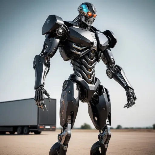 Prompt: incredible humanoid cyborg, tall slim athletic build with a cyber truck like design element, color mainly black