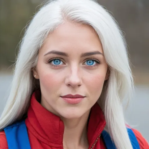 Prompt: Women with whit hair and blue eyes and red vest