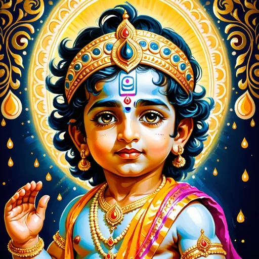 Prompt: Powerful and positive illustration of toddler lord Krishna, vibrant colors, divine aura, loving expression, traditional Indian art style, detailed ornaments, creamy texture of butter, high quality, detailed, vibrant, traditional Indian art, divine aura, loving expression, creamy texture, toddler lord Krishna, positive vibes, traditional attire, decorative ornaments, peaceful ambiance, golden lighting