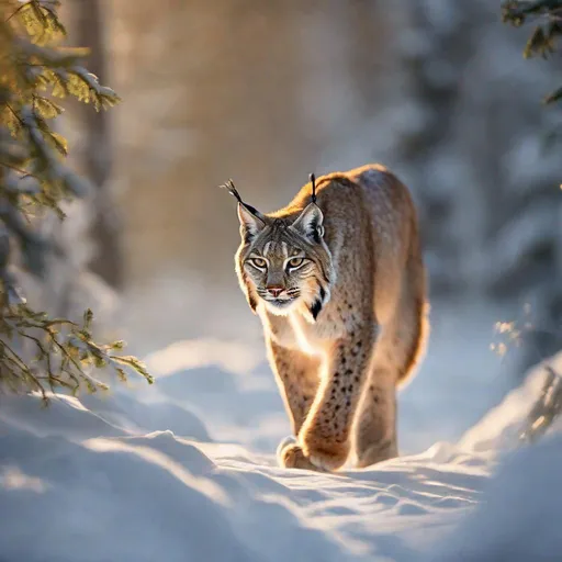 Prompt: eurasian lynx walking through snowy forest with golden sunlight
