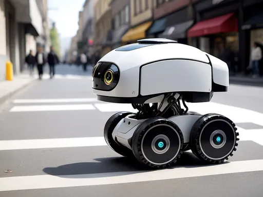 Prompt: A small robot that can move through the streets, walking on wheels like a tank