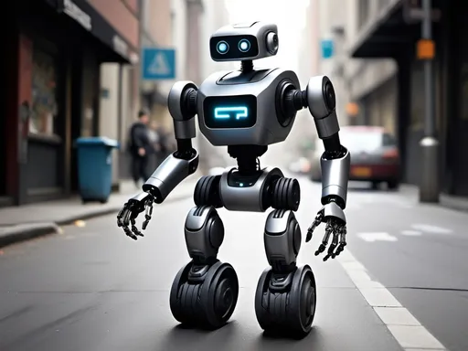 Prompt: Un petit robot de 1 foot tall de haut, avec des mains robotiques qui ne ressemblent pas à celles des humains. Il est bien proportionné et peut se déplacer dans les rues. Il marche sur trois roues, deux à la base et une au-dessus.